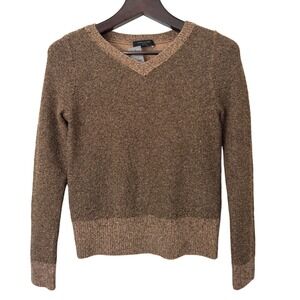 Ann‎ Taylor Petite Knit V Neck Tan Gold Metallic Long Sleeve Sweater Size MP NWT